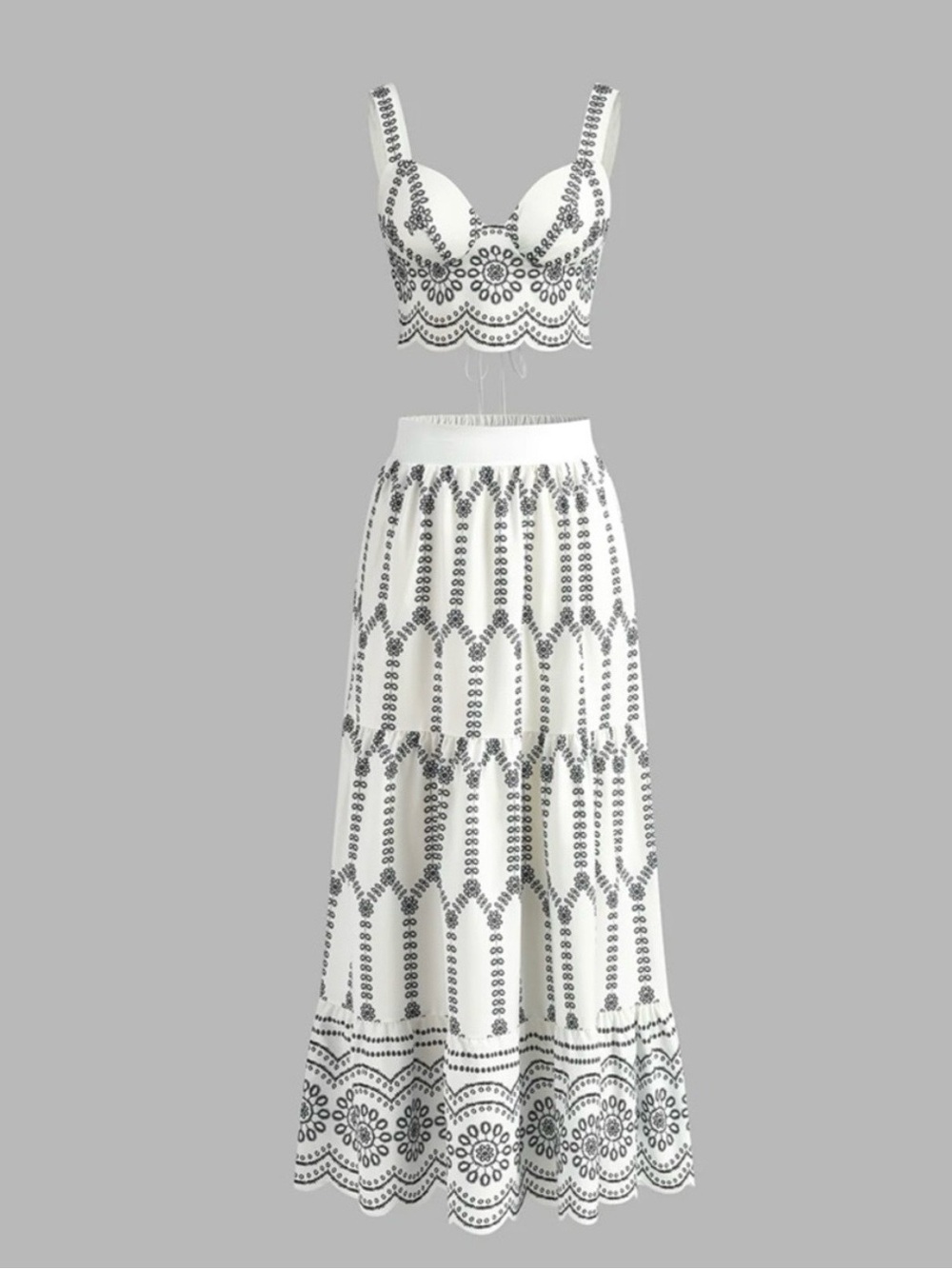 NWT Commense White Eyelet Two-Piece Maxi Skirt Set with Black Embroidery